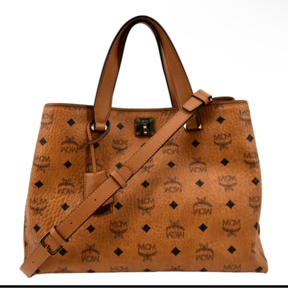 MCM Large Essential Visetos Monogram Print Tote Bag Cognac - Picture 1 of 7
